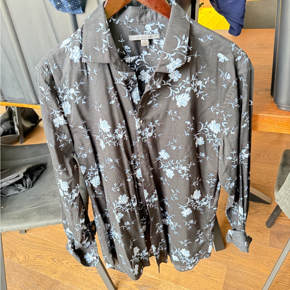 John Varvatos Black and Light Blue Floral Shirt